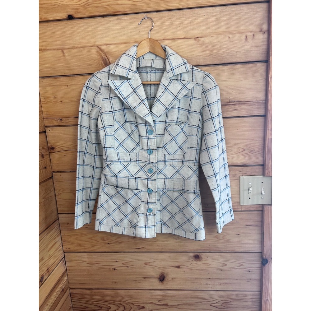 Vintage Plaid Linen Blazer‎ Blue White Windowpane Check Tailored Jacket Handmade